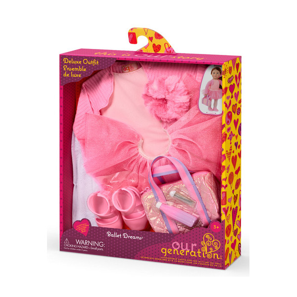 STRÓJ BALETNICY z akcesoriami dla lalki 46 cm deluxe z błyszczącą torebką Our Generation 3+