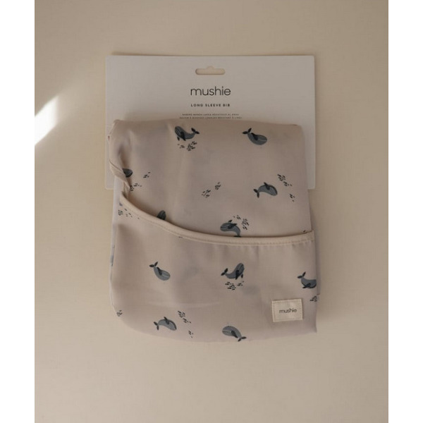 WHALES śliniak z długim rękawem i kieszonką Mushie 6m+