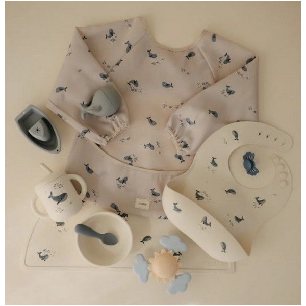 WHALES śliniak z długim rękawem i kieszonką Mushie 6m+