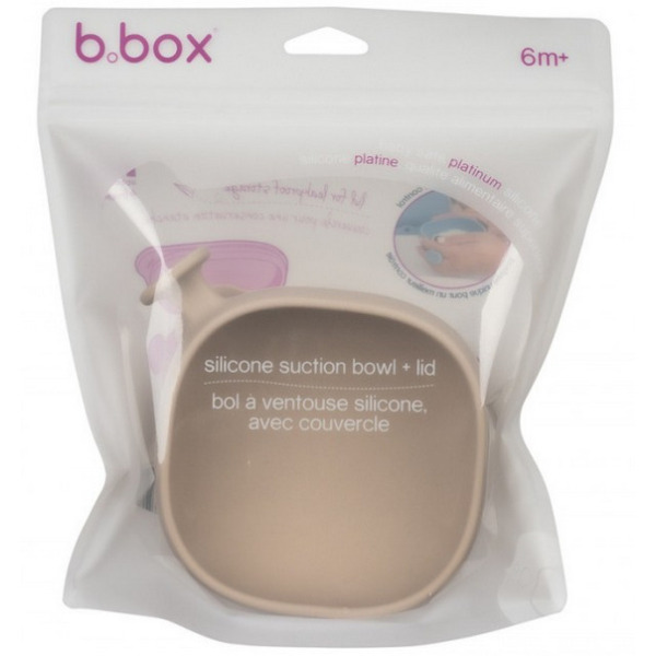 Beżowa silikonowa miseczka z przykrywką i  przyssawką Latte B.Box