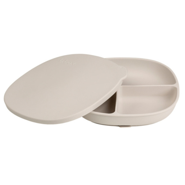 Beżowy silikonowy talerzyk z przykrywką i przyssawką Latte B.Box