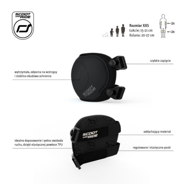 OCHRANIACZE DLA DZIECI na łokcie i kolana - zestaw 4 sztuk czarne BLACK rozmiar XXS Scoot and Ride