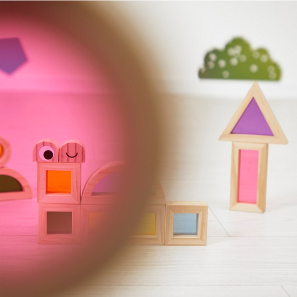 OKIENKA przeźroczyste drewniane klocki kolorowe sensoryczne zestaw 12 el. Janod 1+