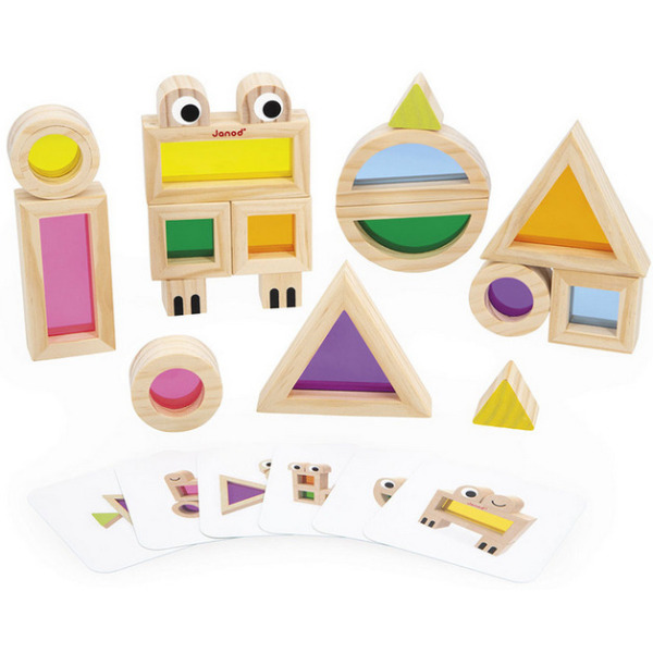 OKIENKA przeźroczyste drewniane klocki kolorowe sensoryczne zestaw 12 el. Janod 1+