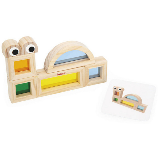 OKIENKA przeźroczyste drewniane klocki kolorowe sensoryczne zestaw 12 el. Janod 1+