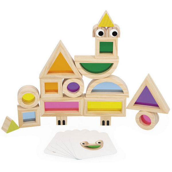 OKIENKA przeźroczyste drewniane klocki kolorowe sensoryczne zestaw 12 el. Janod 1+