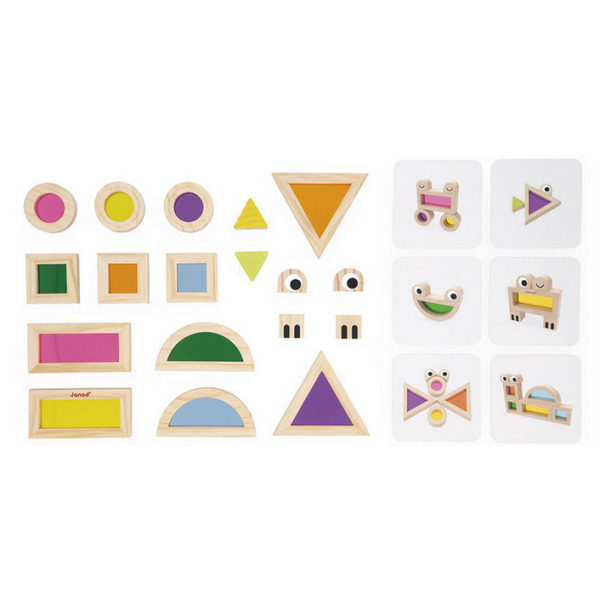 OKIENKA przeźroczyste drewniane klocki kolorowe sensoryczne zestaw 12 el. Janod 1+