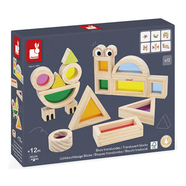 OKIENKA przeźroczyste drewniane klocki kolorowe sensoryczne zestaw 12 el. Janod 1+