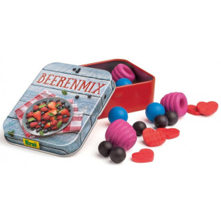 DREWNIANE OWOCE LEŚNE w puszce do zabawy w kuchnię i sklep Erzi 3+