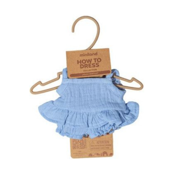 BŁĘKITNA SUKIENKA MUŚLINOWA zestaw ubranek dla lalki na ładną pogodę 21 cm Miniland