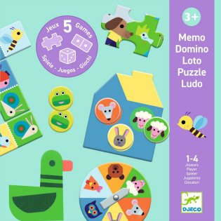 ZWIERZĄTKA NA FARMIE zestaw 5 gier memo lotto mini chińczyk domino puzzle Djeco 3+