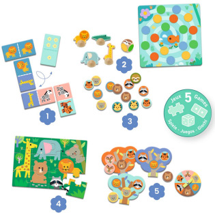 ZWIERZĄTKA W DŻUNGLI zestaw 5 gier memo lotto mini chińczyk domino puzzle Djeco 3+