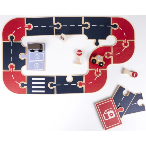 DREWNIANA DROGA z autkami i znakami drogowymi tor samochodowy do układania Egmont Toys 3+