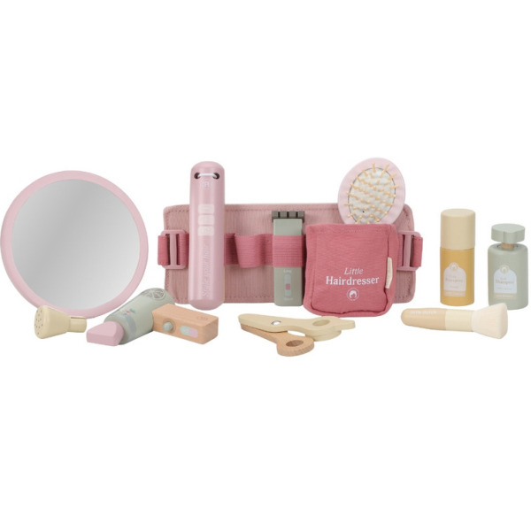 ZESTAW FRYZJERSKI drewniane akcesoria z pasem zabawa w dorosłych FSC Little Dutch 3+