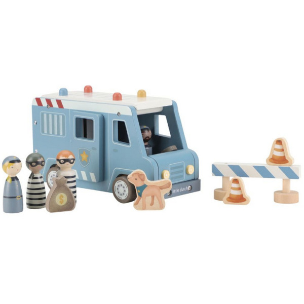 WÓZ POLICYJNY drewniany samochód z figurkami i akcesoriami FSC Little Dutch 2+