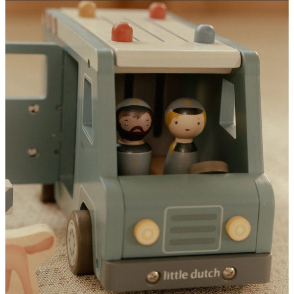 WÓZ POLICYJNY drewniany samochód z figurkami i akcesoriami FSC Little Dutch 2+