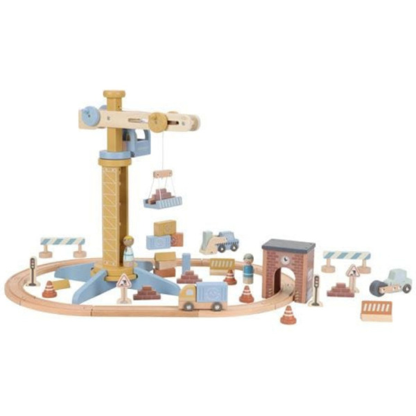 DREWNIANY DŹWIG BUDOWLANY z akcesoriami i torami kolejowymi FSC Little Dutch 3+