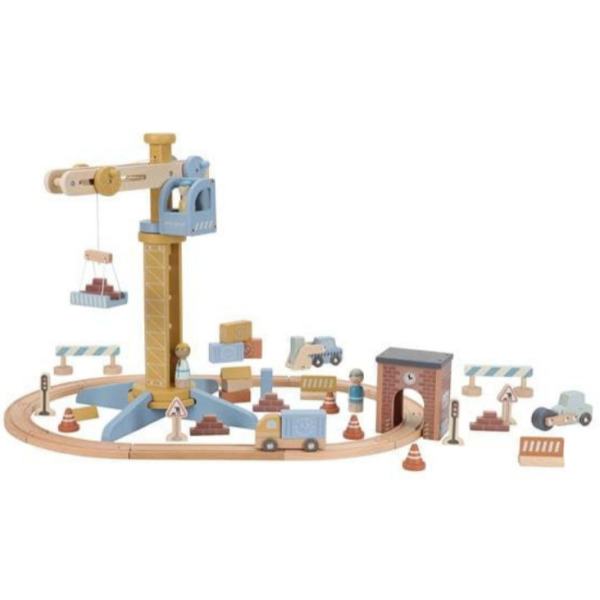 DREWNIANY DŹWIG BUDOWLANY z akcesoriami i torami kolejowymi FSC Little Dutch 3+
