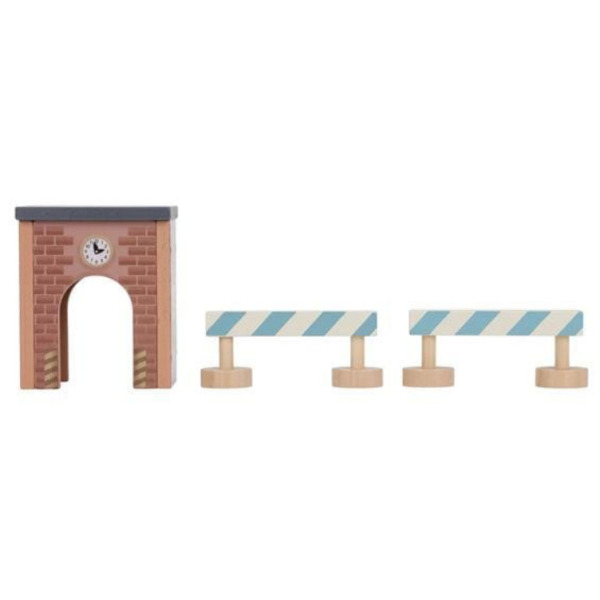 DREWNIANY DŹWIG BUDOWLANY z akcesoriami i torami kolejowymi FSC Little Dutch 3+