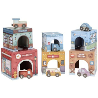 WIEŻA DO UKŁADANIA zestaw 6 kartoników + 6 autek FSC Little Dutch 18m+