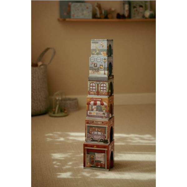 WIEŻA DO UKŁADANIA zestaw 6 kartoników + 6 autek FSC Little Dutch 18m+