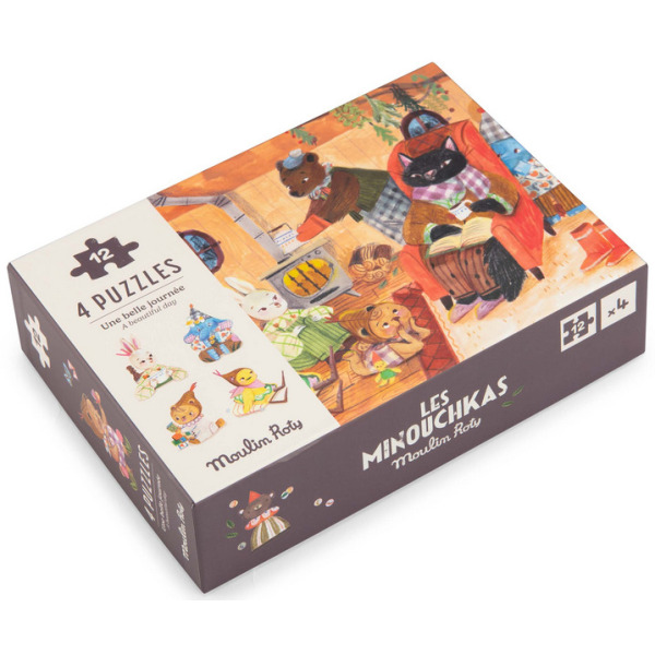 W PRZYTULNYM DOMKU puzzle zestaw 4 układanek 12 el. Les Minouchkas Moulin Roty 3+