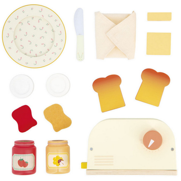 DREWNIANY TOSTER zestaw śniadaniowy z tosterem i 12 akcesoriami Shiny Grandma 3+