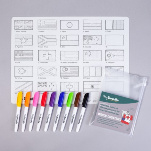 MAPA ŚWIATA duża dwustronna silikonowa mata do kolorowania A3 z 9 pisakami zmazywalnymi HeyDoodle 3+