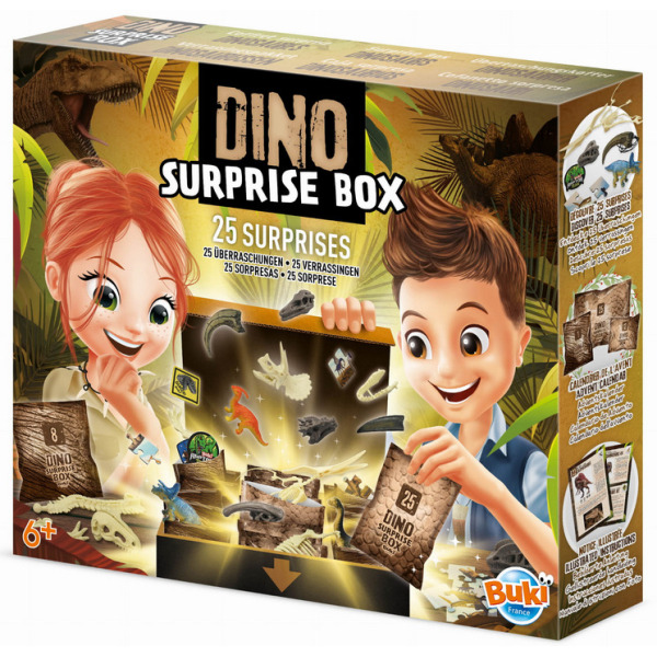 PUDEŁKO 25 NIESPODZIANEK Z DINOZAURAMI mały archeolog zestaw kreatywny do kalendarza adwentowego BUKI 6+