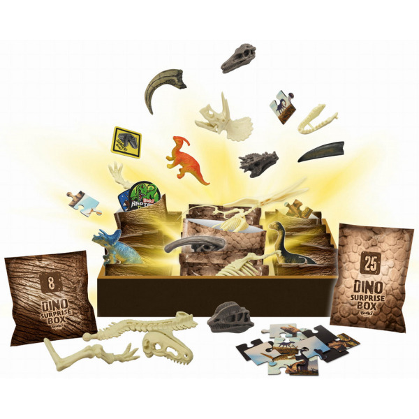 PUDEŁKO 25 NIESPODZIANEK Z DINOZAURAMI mały archeolog zestaw kreatywny do kalendarza adwentowego BUKI 6+