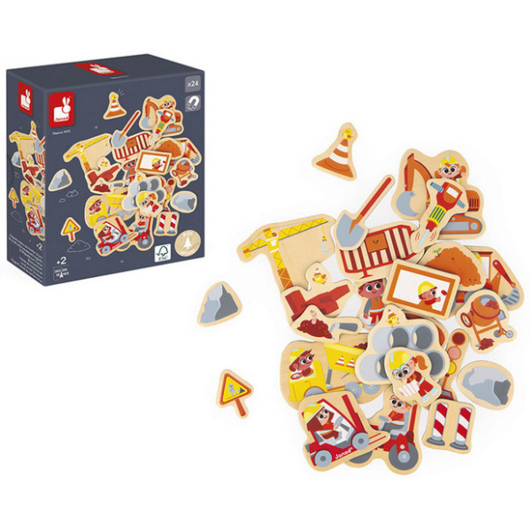 PLAC BUDOWY drewniane magnesy na lodówkę 24 szt. Janod 2+