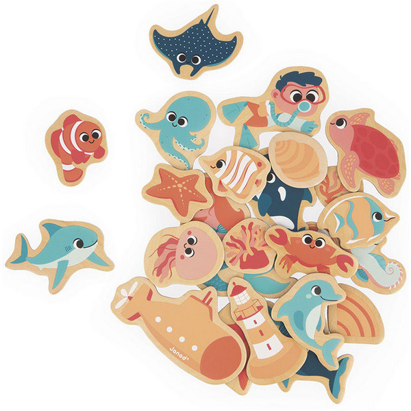 PODWODNY ŚWIAT drewniane magnesy na lodówkę 24 szt. Janod 2+