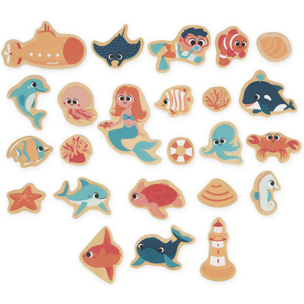PODWODNY ŚWIAT drewniane magnesy na lodówkę 24 szt. Janod 2+