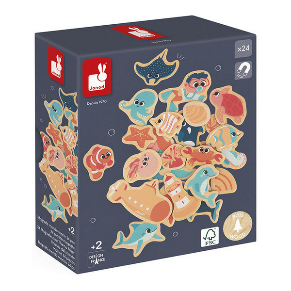 PODWODNY ŚWIAT drewniane magnesy na lodówkę 24 szt. Janod 2+