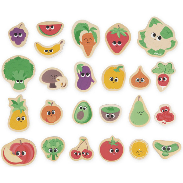 OWOCE I WARZYWA drewniane magnesy na lodówkę 24 szt. Janod 2+