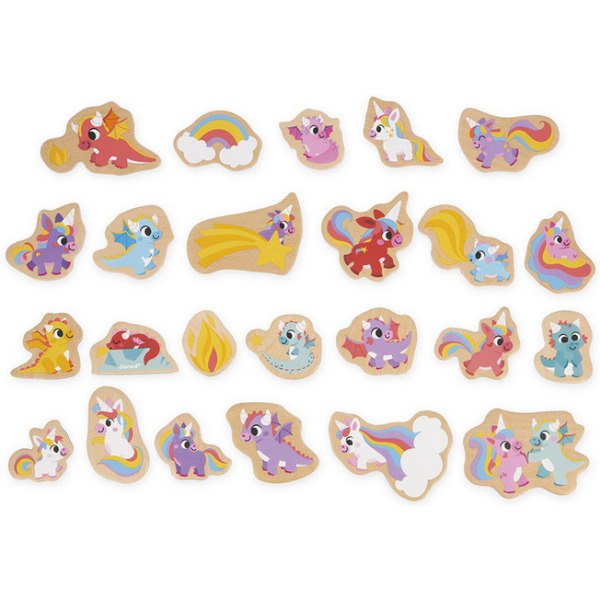 JEDNOROŻCE I SMOKI drewniane magnesy na lodówkę 24 szt. Janod 2+