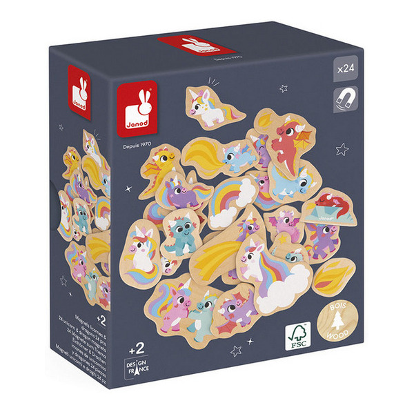 JEDNOROŻCE I SMOKI drewniane magnesy na lodówkę 24 szt. Janod 2+