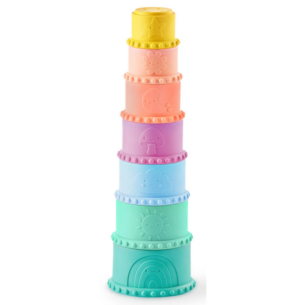 MIĘKKIE KLOCKI I KUBECZKI SENSORYCZNE 2w1 pastelowe do nauki liczenia Stackin’ Squishies 17 el. B.Toys 6m+