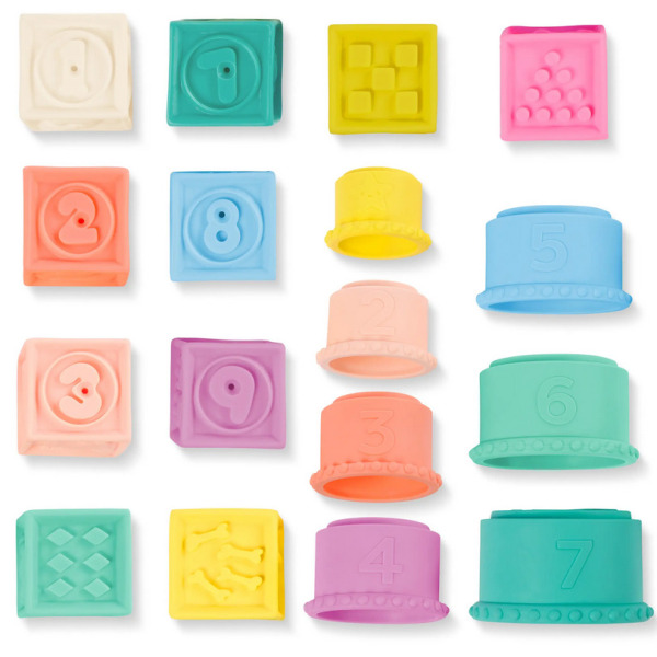 MIĘKKIE KLOCKI I KUBECZKI SENSORYCZNE 2w1 pastelowe do nauki liczenia Stackin’ Squishies 17 el. B.Toys 6m+