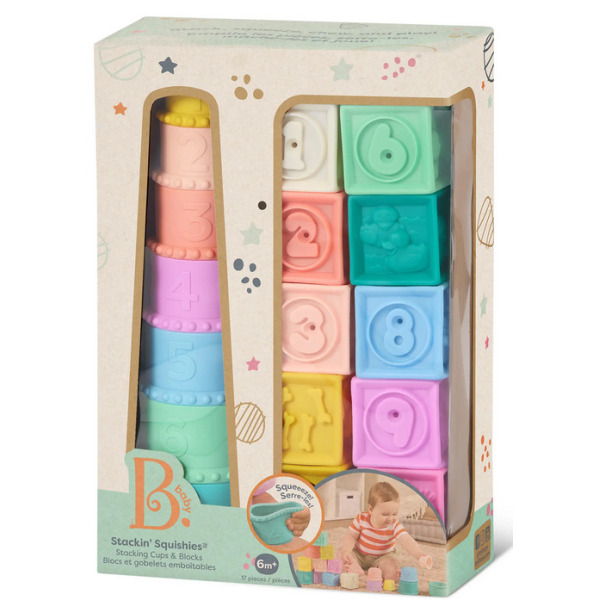 MIĘKKIE KLOCKI I KUBECZKI SENSORYCZNE 2w1 pastelowe do nauki liczenia Stackin’ Squishies 17 el. B.Toys 6m+