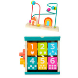 DREWNIANA KOSTKA edukacyjna z sorterem, labiryntem i książeczką 8 el. Lil’ Learning Cube B.Toys 12m+