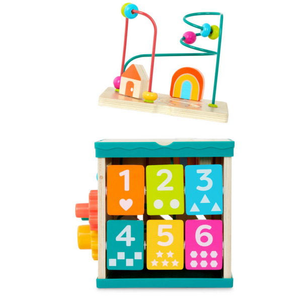 DREWNIANA KOSTKA edukacyjna z sorterem, labiryntem i książeczką 8 el. Lil’ Learning Cube B.Toys 12m+