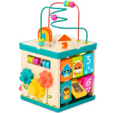 DREWNIANA KOSTKA edukacyjna z sorterem, labiryntem i książeczką 8 el. Lil’ Learning Cube B.Toys 12m+