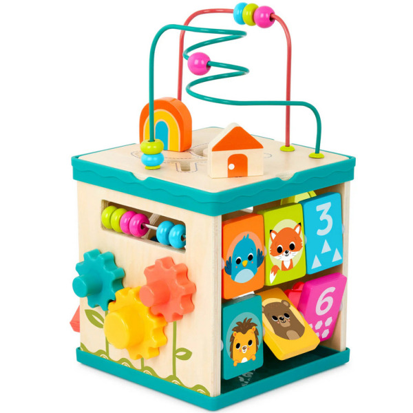 DREWNIANA KOSTKA edukacyjna z sorterem, labiryntem i książeczką 8 el. Lil’ Learning Cube B.Toys 12m+