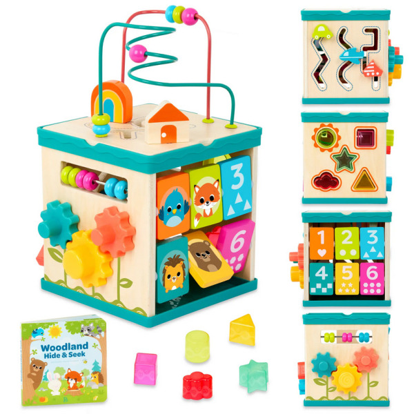 DREWNIANA KOSTKA edukacyjna z sorterem, labiryntem i książeczką 8 el. Lil’ Learning Cube B.Toys 12m+