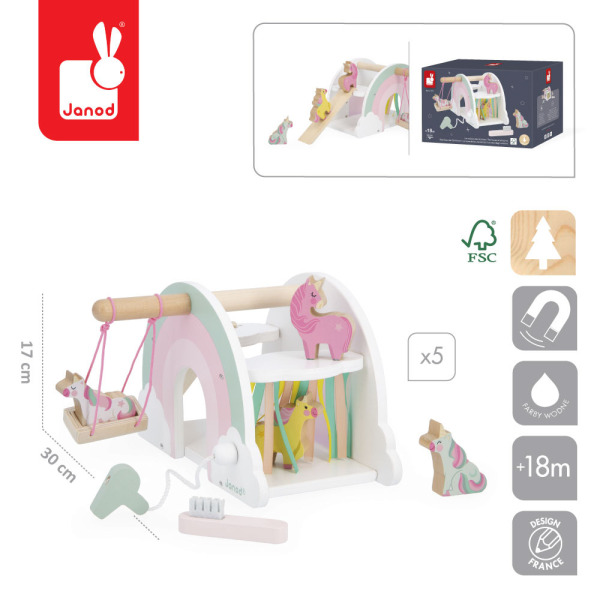 Drewniany domek jednorożców z 5 akcesoriami JEDNOROŻCE Janod 18m+