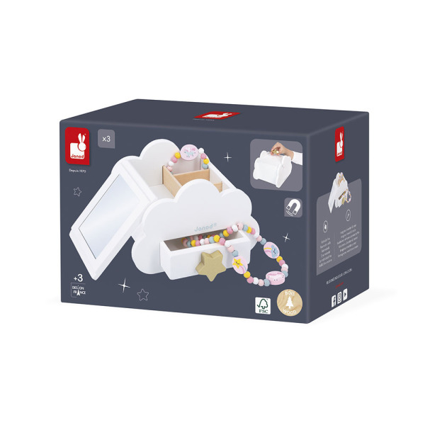 Drewniana szkatułka na biżuterię z lusterkiem, naszyjnikiem i bransoletką JEDNOROŻCE Janod 3+