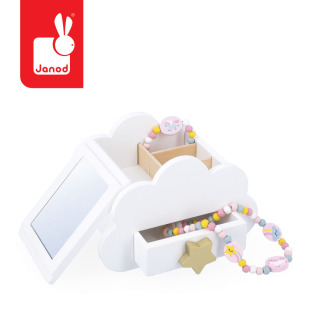 Drewniana szkatułka na biżuterię z lusterkiem, naszyjnikiem i bransoletką JEDNOROŻCE Janod 3+