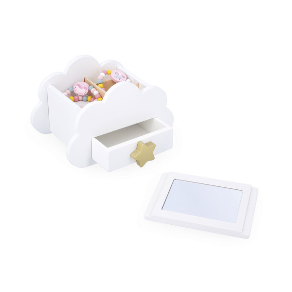 Drewniana szkatułka na biżuterię z lusterkiem, naszyjnikiem i bransoletką JEDNOROŻCE Janod 3+