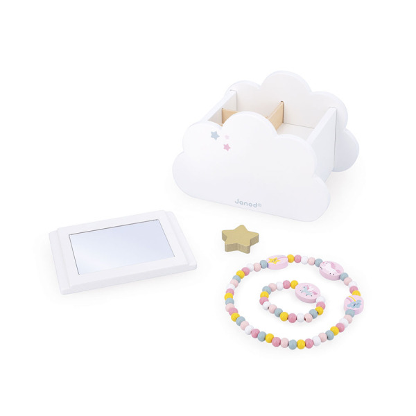 Drewniana szkatułka na biżuterię z lusterkiem, naszyjnikiem i bransoletką JEDNOROŻCE Janod 3+